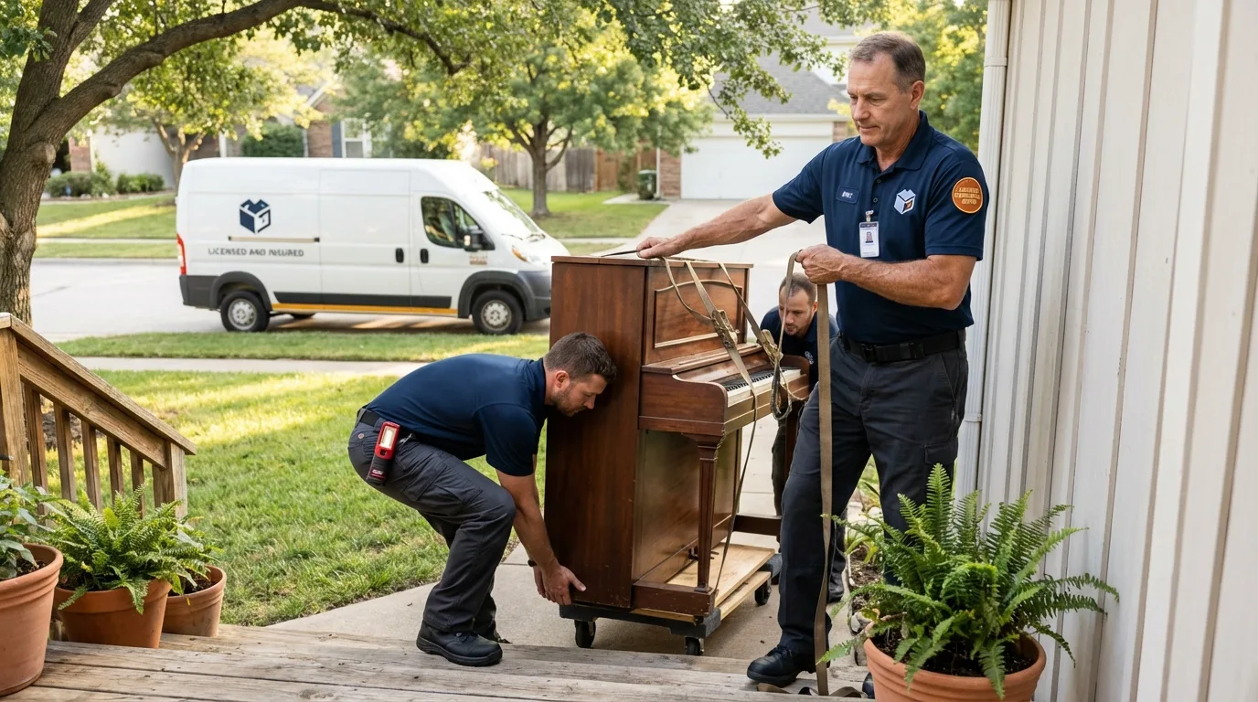 Licensed piano movers securing grand piano in East Berlin, PA