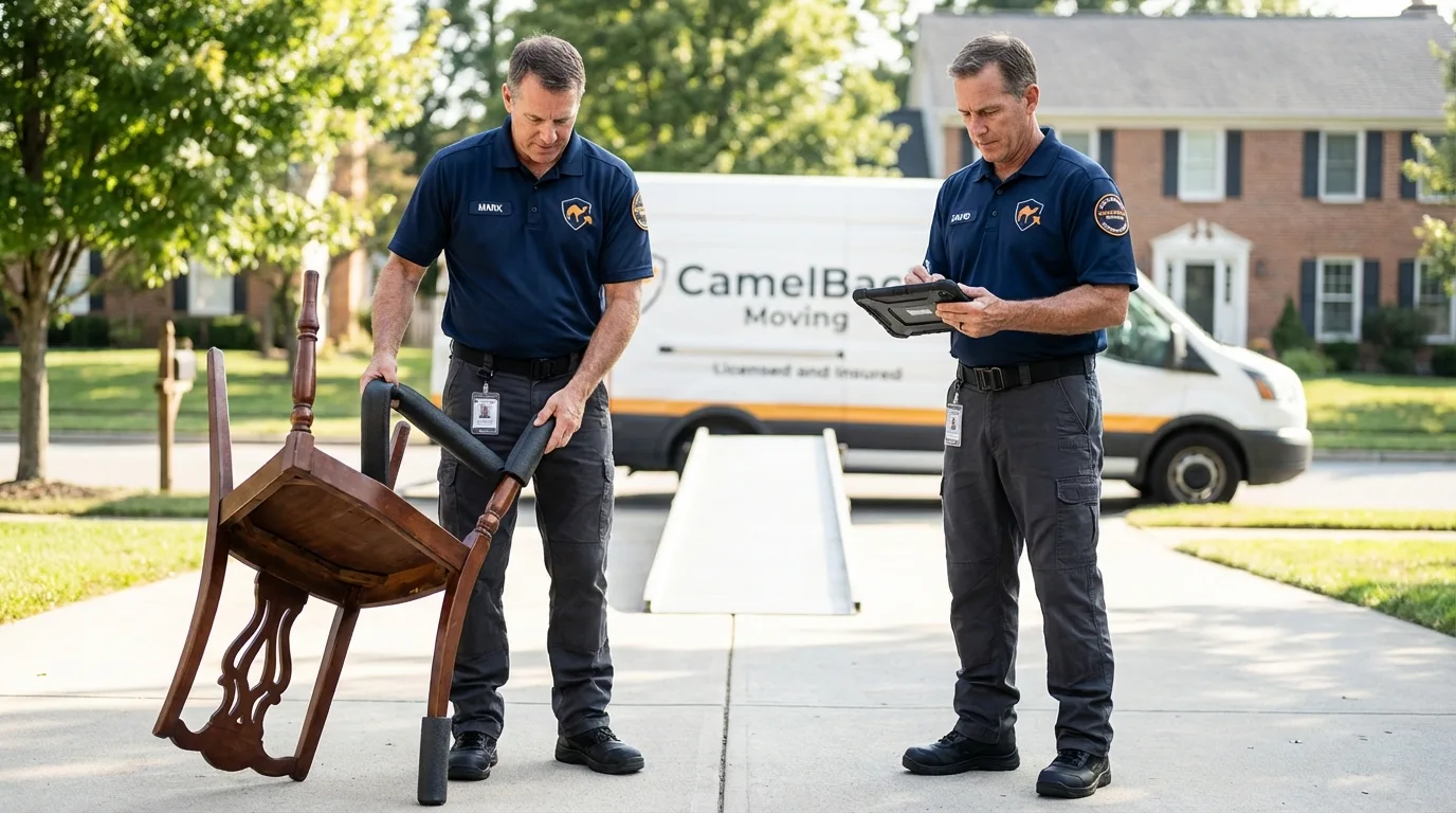 Movers inspecting furniture for damage prevention before loading in East Berlin, PA