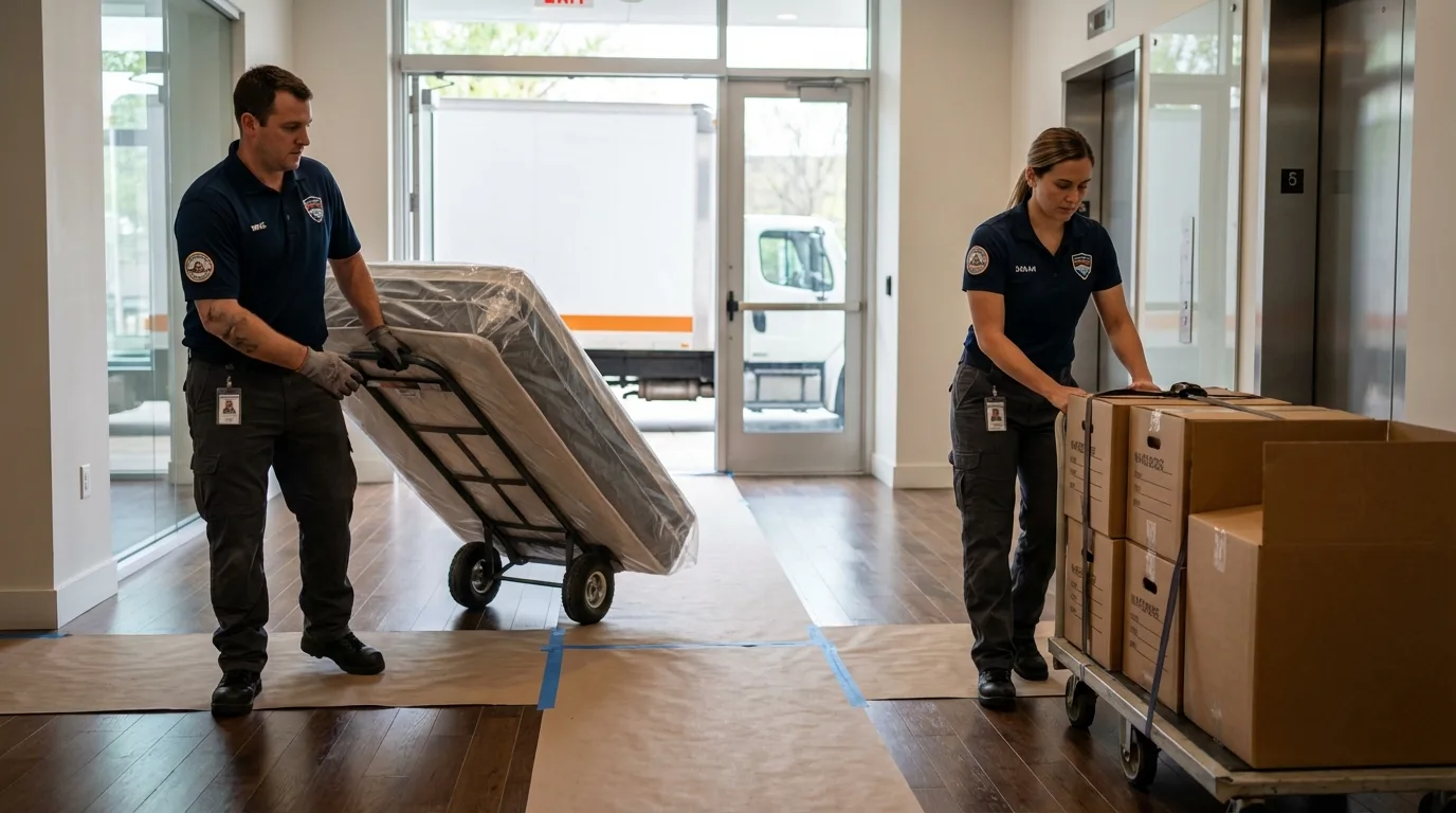 Professional apartment movers loading elevator in East Berlin, PA