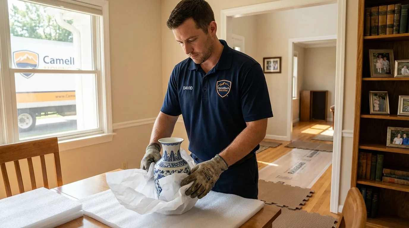 Professional crew carefully wrapping antique vase for senior downsizing move in East Berlin, PA